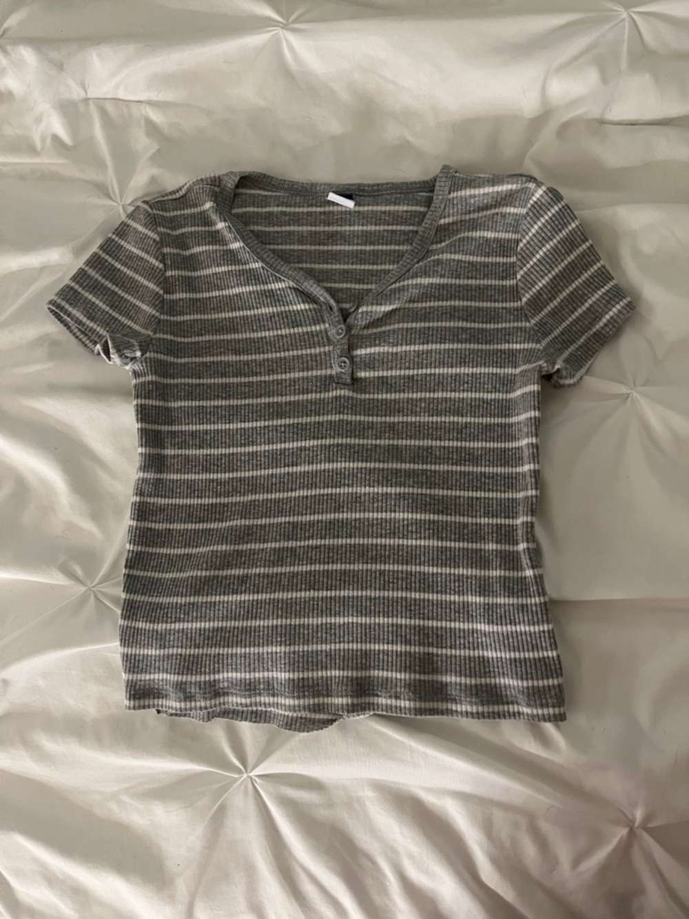 Old Navy Gray & White Striped Ribbed Henley Short Sleeve Top